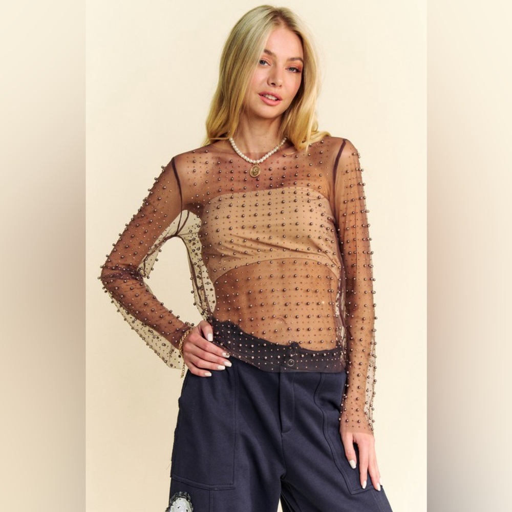 🟠 212b. Bead & Pearl Embellished Long Sleeve Mesh Top - Brown